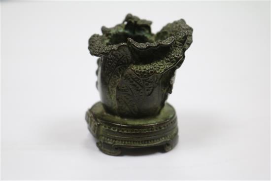 A modern soapstone seal, an 18th century Chinese bronze figure from a censer and a Chinese bronze of a napa cabbage and cricket tallest